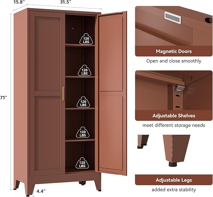 YAUWOH 71''Metal Cabinet with 4 Adjustable Shelves,5-Tier Pantry Storage Cabinet,Kitchen Pantry Cabinet for Living Room,Dining Room(1PC,Brown)