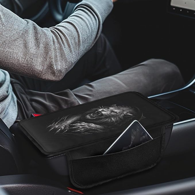 Howilath Black Lion Car Armrest Cover, Arm Rest Covers for SUV Sedan | Machine Washable. Auto Accessories with 2 Side Pockets for Storage, Easy Stretch-on Install