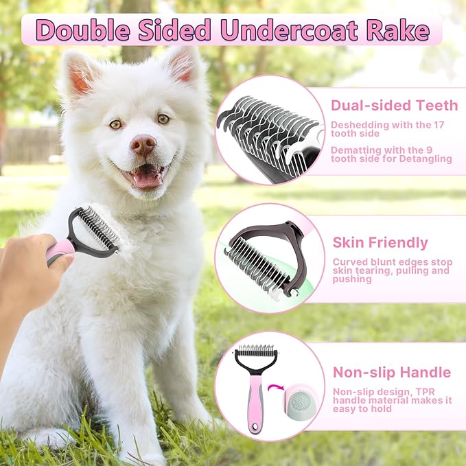 Dog Brush Dog Grooming Kit 7PCS Dogs Brush for Shedding-Dogs Brushes for Grooming, Dematting Comb, Cat Nail Clipper with Nail File, Flea Comb, Pet Comb, Bath Brush-Pink