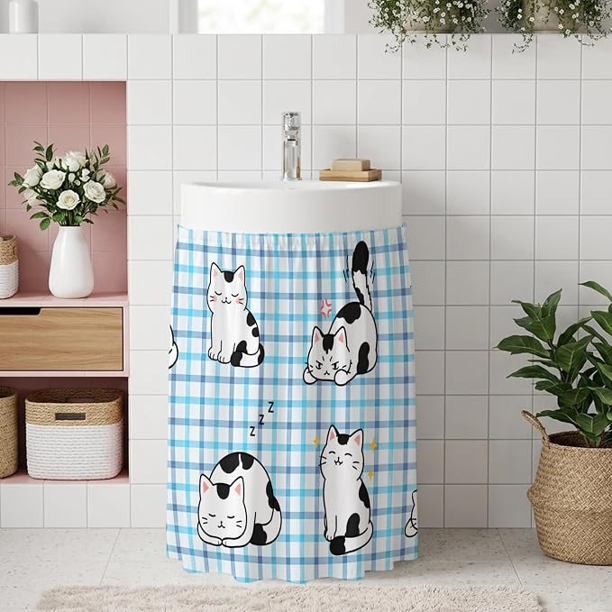Cute Cat Oven Skirt Curtain for Kitchen Decor 28"x35", Modern Playful Pet Cats Blue Purple Plaid Self Adhesive Stove Curtains Skirt Cabinet Curtains for Bathroom Laundry Room