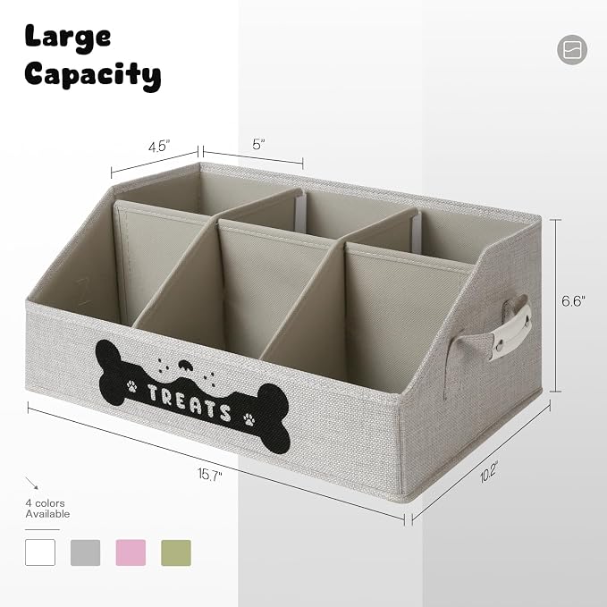 Dog Treat Container, Dogs Storage Organizer with Removable Dividers, Collapsible Dogs Treat Holder for Countertop, Trapezoid Pet Treats Containers, Dog Toy Basket with PU Handles, Medium, Gray