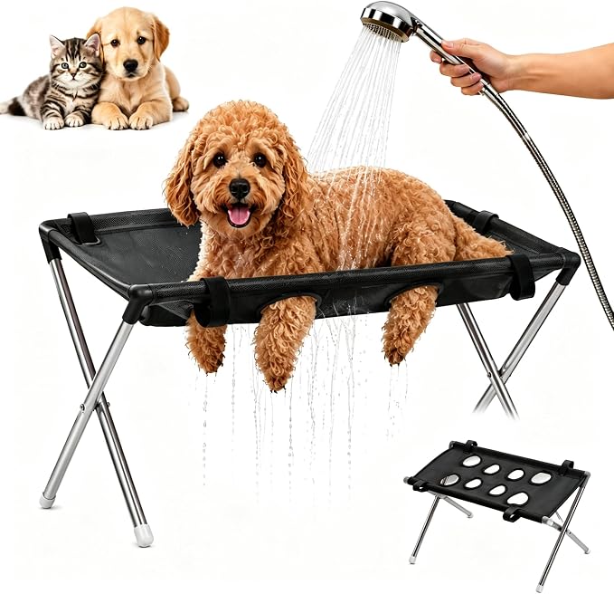 Foldable Pet Bathing Stand Holder Grooming Shower 8-Hole Wash Hammock,Washing Bed for Small Dogs and Cats Washing Picking Ears Nail Clipping,Stainless Steel Grooming Table with Stand，Ordinary-Black