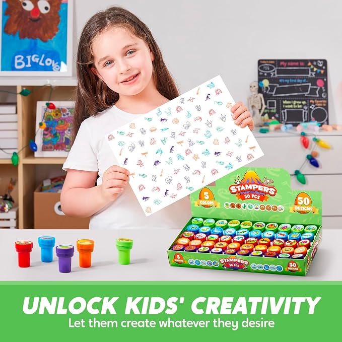 JOYIN 50PCS Dinosaur Stamps for Kids, 50 Different Designs, Fossils, Sea Dinosaurs, Stamps for Dinosaur Party Favor Bags, Classroom Prizes Stuffers, Treasure Box Toys, Birthday Gift