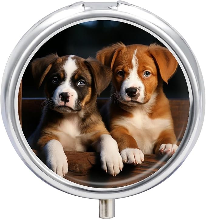 Puppies Dogs Pets Animals Pill Box 3 Compartment Round Travel Pill Case | Metal Mini Pill Organizer for Travel, Easy-Open, Fits Pocket/Purse, Small Pill Container for Vitamins Fish Oil & Supplements