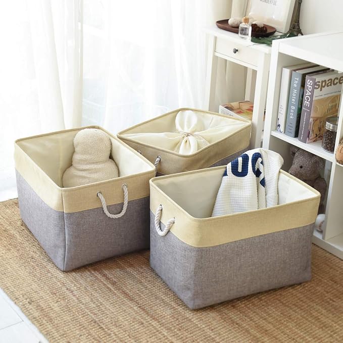 Storage Baskets for Organizing, Extra Large-3Pack, 17.7L×13.8W×9.8H inch Large Sturdy Storage Bins, Decorative Storage Baskets for Shelves Closet Nursery (Gold&Grey)