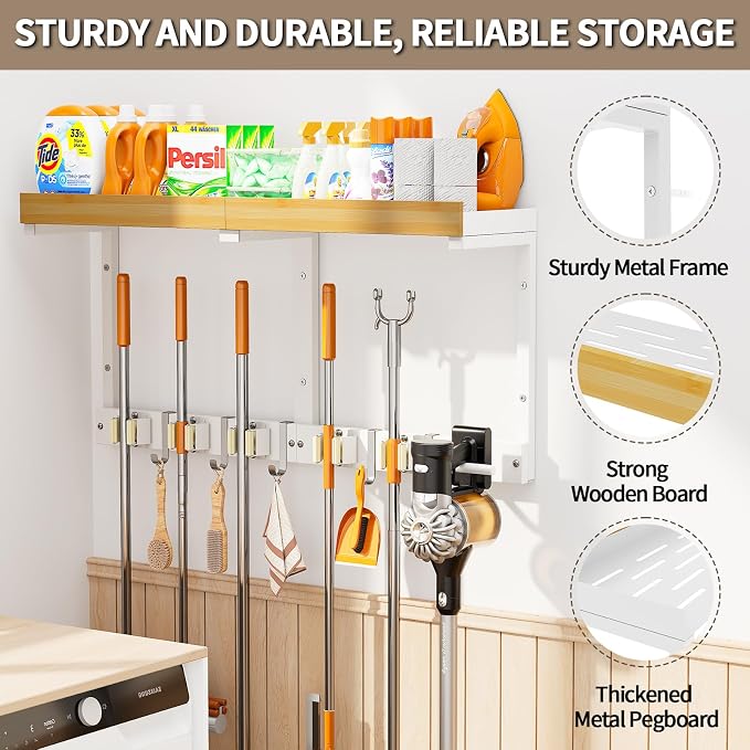 Broom and Mop Organizer Wall Hanging, Broom Hanger Holder Wall Mount | 3-in-1 Mop and Broom Holder Wall Mount with 5 Racks,5 Hooks,Storage Shelf & Vacuum Organizer for Garage,Kitchen,Laundry Room