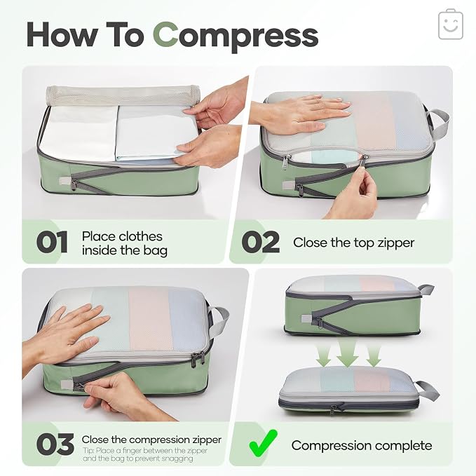 Veken 9/11 Set Compression Packing Cubes Garment Bags for Travel Essentials,Compressible Expandable Luggage Organizer Bags for Clothing,Space Saver Bags with Over 1000 pcs of Mesh Holes(Matcha Green)