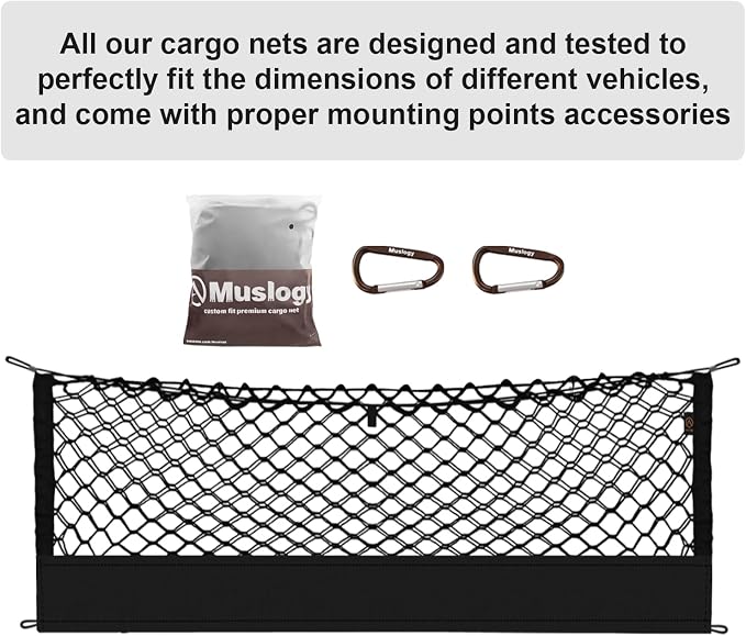 Muslogy Cargo Net for 2014-2025 2026 Toyota Highlander Accessories | Custom Fit, Trunk Storage Organizer Net for SUV Sedan Van Divider, with Heavy Duty Carabiners, Night Visible Grab Handle