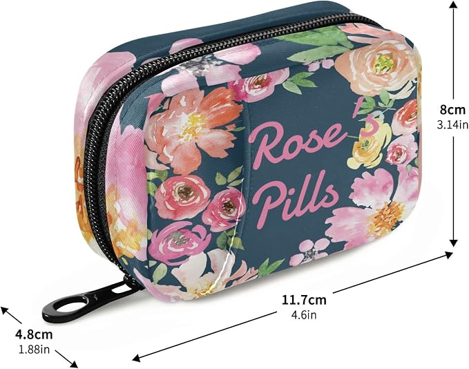 Custom Pill Box 7 Day Pill Case Bag Watercolor Floral Flower Personalized Name Travel Pill Organizer Bag with Zipper Portable Weekly Case Compact Size for Vitamin Supplement Holder