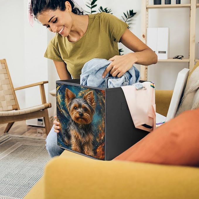Yorkie Dog Art Print Storage Bin with Handles, Oxford Fabric Foldable Storage Cube Organizer for Clothes, Towels, Bedroom, Living Room, Home Organization