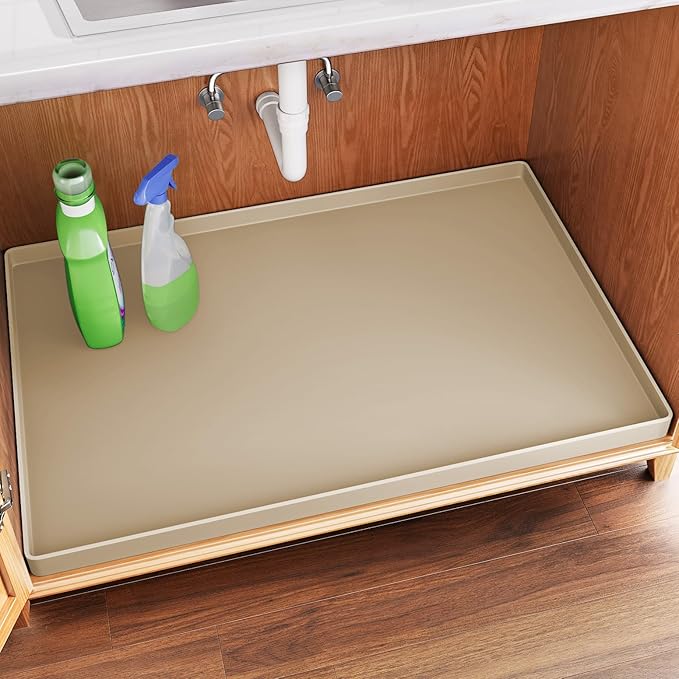 FLATO Waterproof Under Sink Mat, 40" x 22", Beige | Shelf Liner for Kitchen and Bathroom, Cabinet Protector, Organizers and Storage, Flexible Silicone Drip Tray