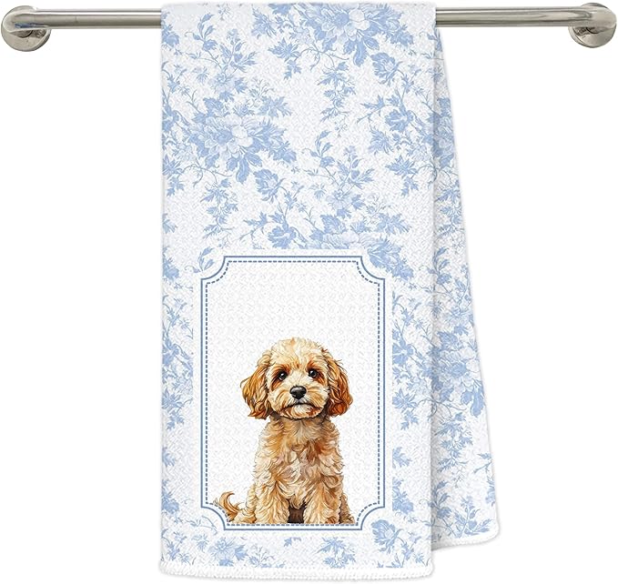 Blue and White Chinoiserie Poodle Kitchen Towels 16x24 in, Poodle Gifts for Women, Grandmillennial Toile De Jouy Floral Dog Decorative Hand Tea Dish Towels for Bathroom Kitchen