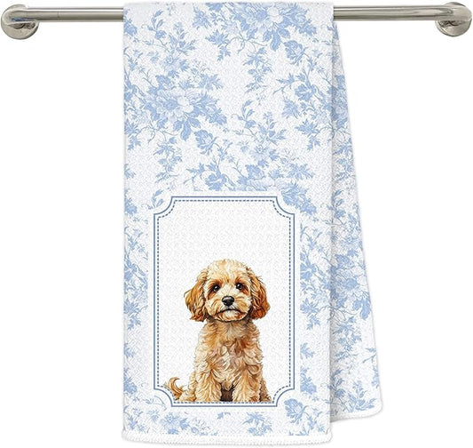 Blue and White Chinoiserie Poodle Kitchen Towels 16x24 in, Poodle Gifts for Women, Grandmillennial Toile De Jouy Floral Dog Decorative Hand Tea Dish Towels for Bathroom Kitchen