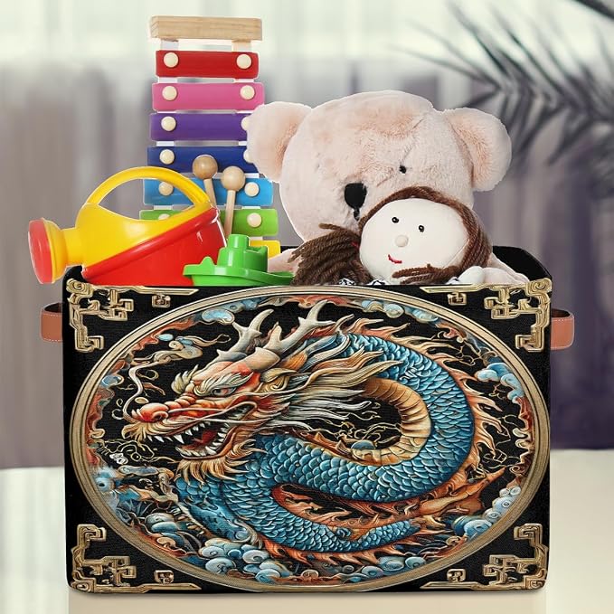 Pardick Dragon Basket Storage Bins Rectangle Canvas Basket Cube Storage Box | Nursery Foldable Basket with Handle for Kids Girls Boys Toys Living Room Closet Organizer Shelf Gifts Blue Gold