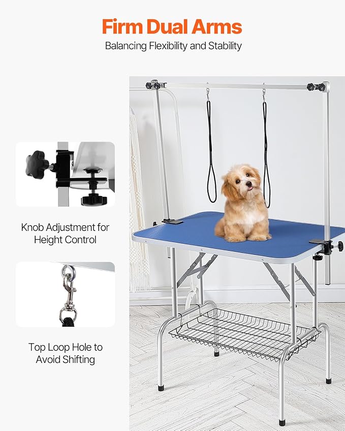 VEVOR Pet Grooming Table, 36 x 24 Inch with 2 Height Adjustable Arms, 330LBS Static Weight Capacity, Foldable Dog Groom Station with No-Sit Haunch Holder with Grooming Loop, for Medium and Small Dogs