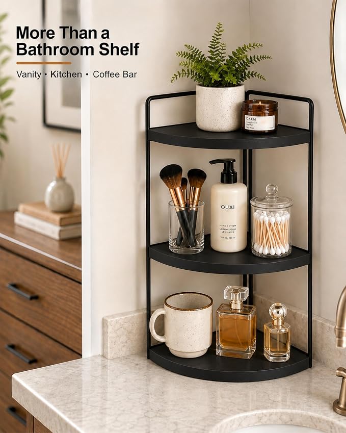 3-Tier Corner Bathroom Counter Organizer, Solid Pine Vanity Shelf, Black | Solid pine 3-tier corner shelf with 6.3 in clearance for tall bottles in bathroom, vanity, kitchen, or coffee bar.