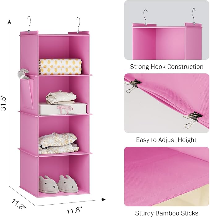 YOUDENOVA Hanging Closet Organizer and Storage, 4-Shelf, Light Pink | Locker/RV/Camper Organizer, Side Pocket, Hanging Shelves for Small Closet, Dorm Room Essentials for Guys, Breathable Fabric
