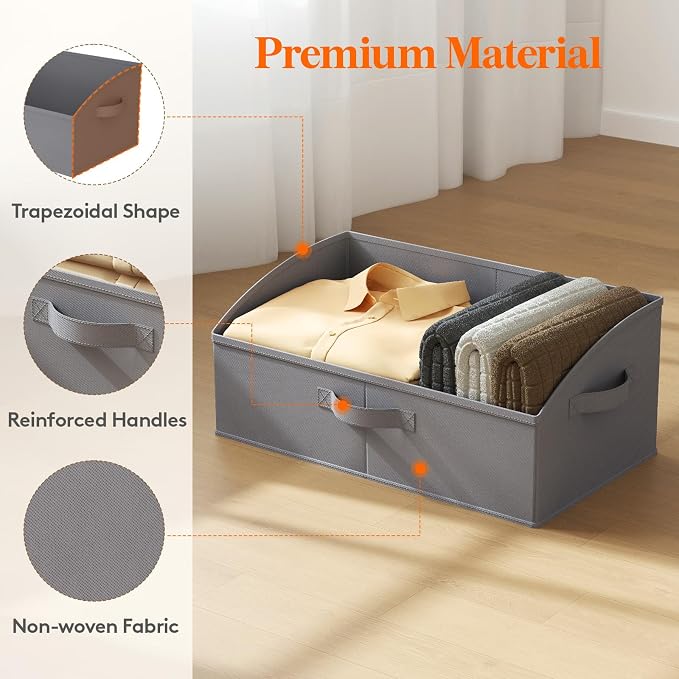 Lifewit Trapezoid Closet Storage Bin for Shelf, 6 Packs 23L, Gray | Non-woven Closet Organizer Baskets with Handles, Foldable Clothes Containers Boxes for Clothing, Book, Purse, Extra Large