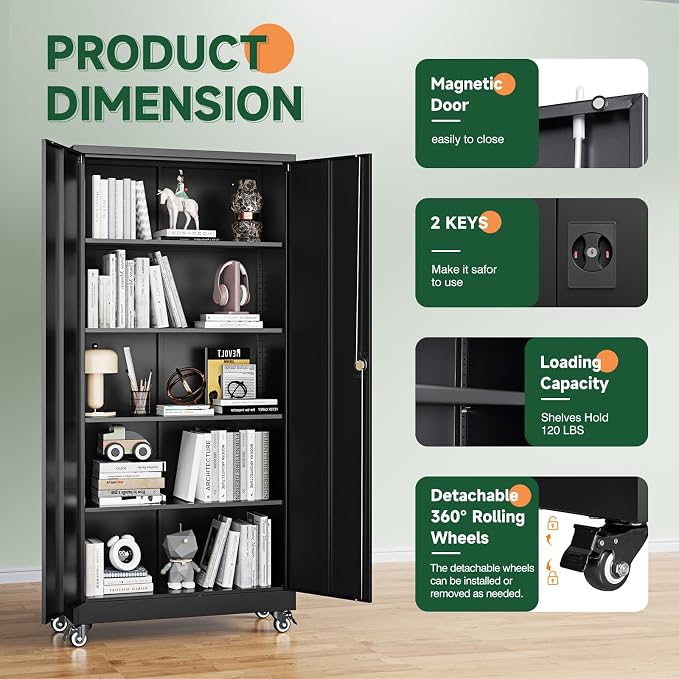 Metal Garage Storage Cabinets with Wheels,Steel Tool Cabinets Lock Door and Adjustable Shelves for Home,Office,Warehouse Organisieren (Black, 75" H) (Pack of 2)