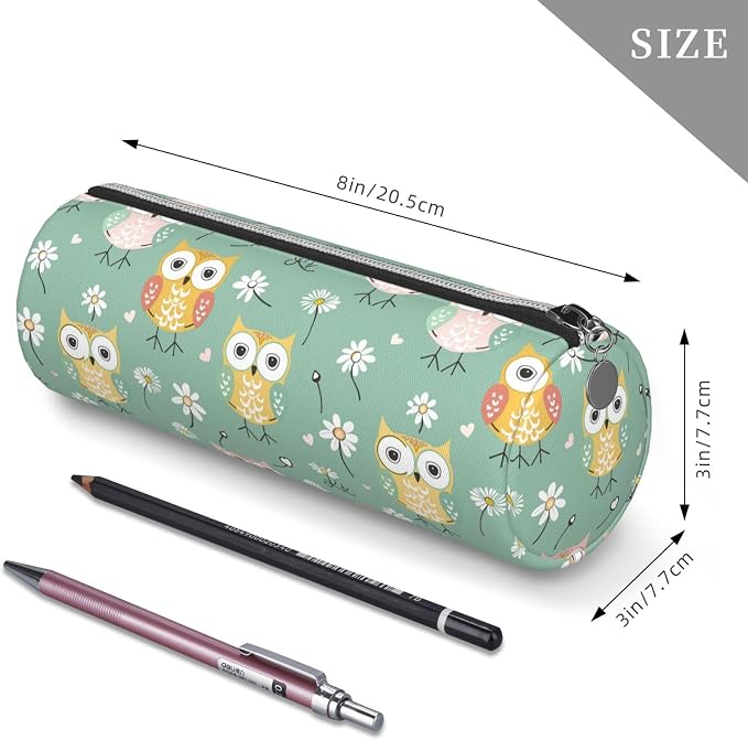 OSAM SPACE Leather Pencil Case Round Pencil Bag Cute Owl Floral Pen Organizer Holder Portable Zipper Pouch Cute School Supplies for Girls Boys Study Office