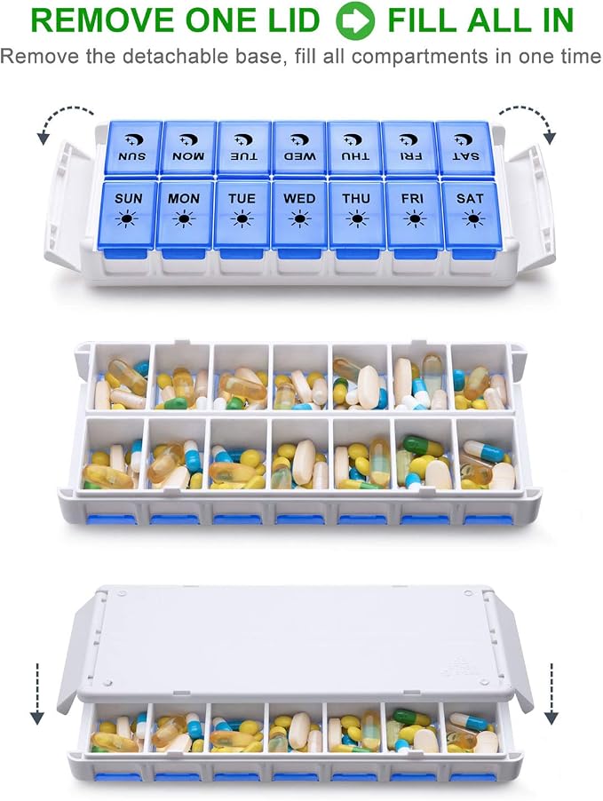 Weekly Pill Organizer 7 Day 2 Times a Day Extra Large, Quick Fill 2020 Fullicon AM PM XL Daily Pill Cases Pill Box with Detachable Base - White/Blue (Patent Registered) (Pack of 2)