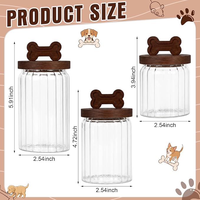 3 Pcs Glass Dog Treat Container, Dog Cookie Jar with Wooden Lid | 3 Sizes, Airtight Pet Treat Storage Container, for Kitchen Counter, Treats Canister, Doggie Cookie, Pets, Stripe Bone