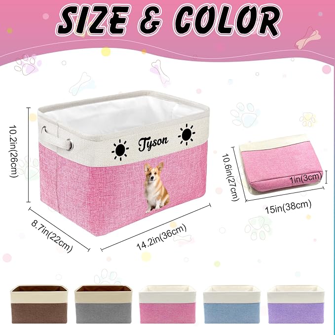 Personalized Dog Toy Basket Collapsible Storage Organizer Bin with Custom Pet Name Photo Foldable Canvas Box for Toys, Treats, Leash, Clothes Blankets Portable Handle Design