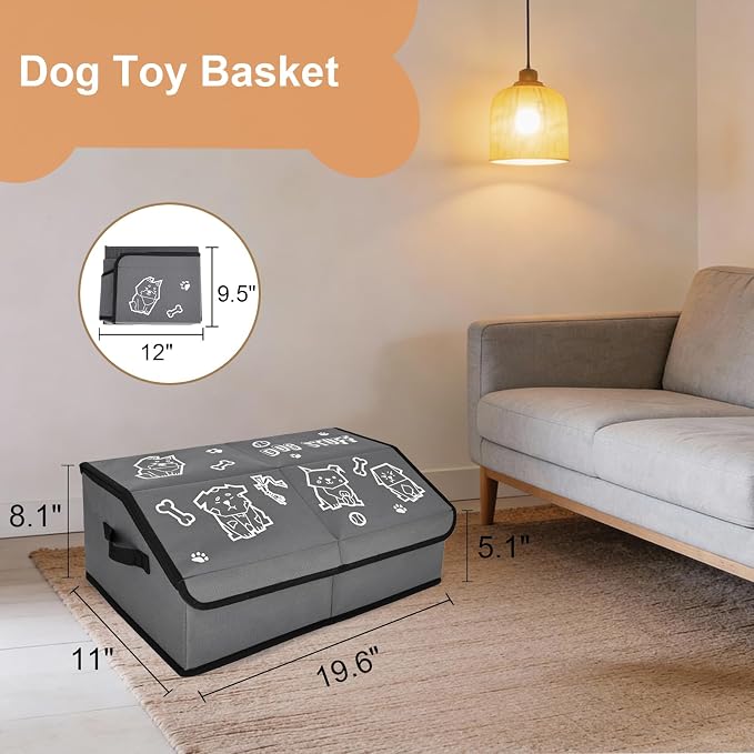 Dog Toy Box with Lid and Removable Divider, 19" Collapsible Toy basket and Handle，600D Fabric Cute Puppy Organizer for Pet Toys and Accessories - Grey - 1pcs