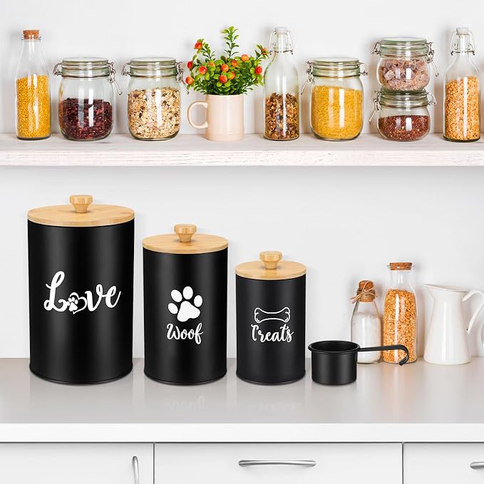 Tioncy 3 Pcs Dog Treat Container Airtight with Lids Spoon 8 x 5 & 7 x 4 & 6 x 4 Inch Dog Treat Jars for Counter with DIY Labels Pen Small Pet Food Storage Canister Cookie Snack Jars for Kitchen(Black)