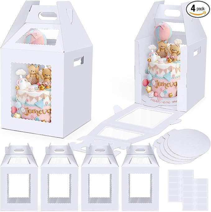 Tall Cake Boxes for Tier Cakes with Cake Boards 4 Pack 12x12x14 Inch Large Tiered Cake Carrier Containers with Window for Wedding Birthday Bakery
