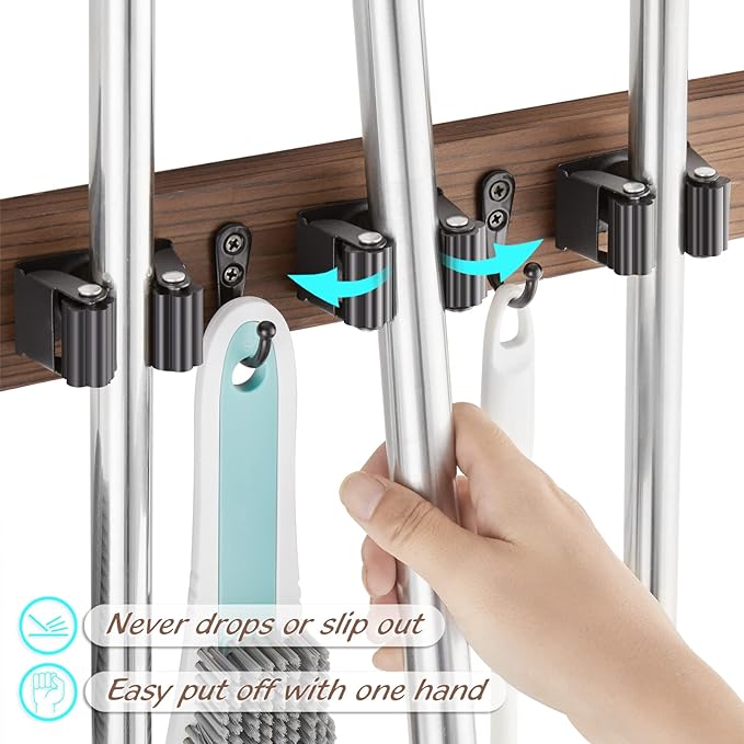 OUTNILI 2 Pack Mop Broom Holder Wall Mount - Wood Broom Mop Hanger - Wall Mounted Garden Tool Rack Organizer for Closet Garage Laundry Room Farmhouse Rustic Kitchen Decor With 4 Slots & 4 Hooks