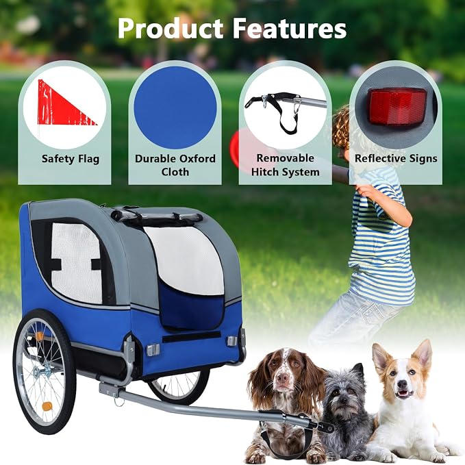 Large Dog Bike Trailer with 18.9" Wheels - 120LB Capacity Dog Trailer for Bike, Foldable Pet Bike Trailer for All-Terrain Cycling, Jogging & Camping