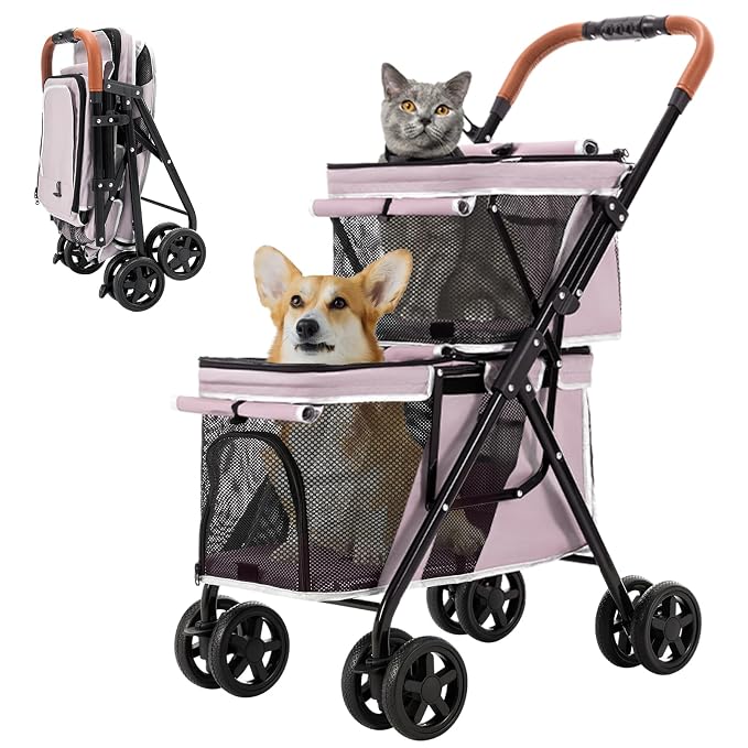 Double Pet Stroller for 2 Dogs & Cats, Double-Decker, Pink | One-Hand Fold Two-Tier Stroller with Separate Cabins, 44 lb Capacity, 4 Tethers, Locking Front Wheels and Rear Brakes