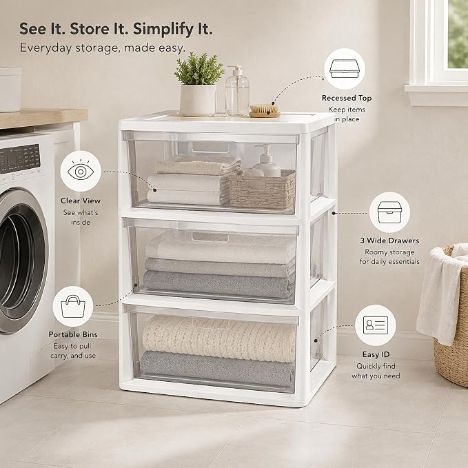 3 Drawer Plastic Storage Tower Wide Organizer for Closet Bedroom (White) | Stackable wide drawers for clothes, toys and crafts. Durable see-through plastic provides quick visibility.