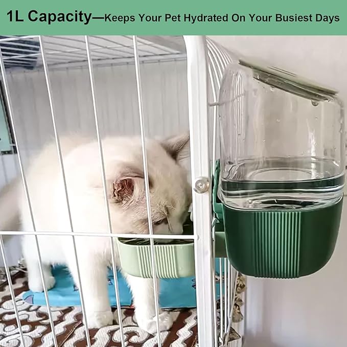 35oz Rabbit Water Bottle, Pet Hanging Automatic Water Dispenser for Small Animal Ferret Guinea Pig Chinchilla Dog Cat (Cage Grid Spacing 1.2''-2.1'') (Green)