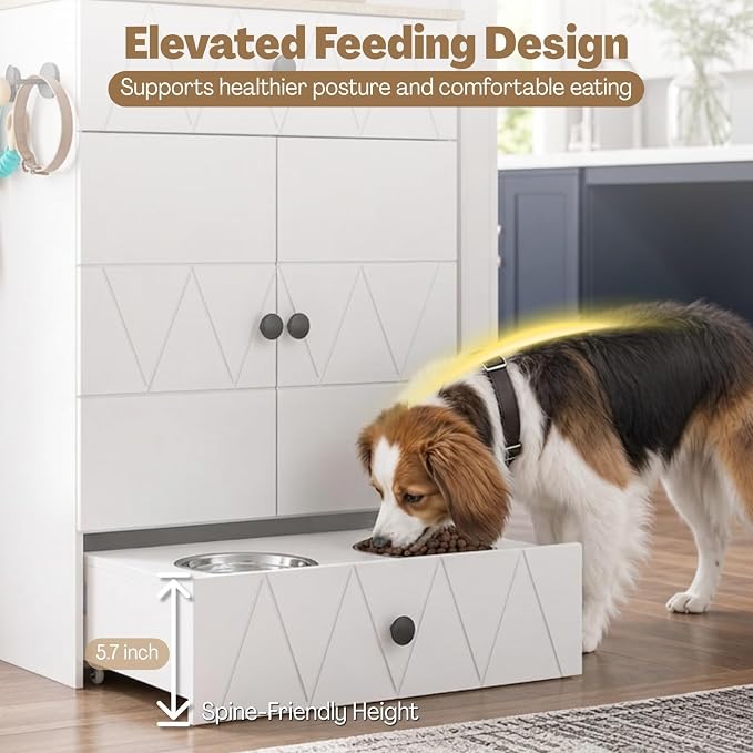 Dog Feeding Station with Storage Cabinet, Hidden Pull-Out Elevated Dog Bowls, Stainless Steel Feeding Drawer, Adjustable Shelves & Hooks, Modern Pet Food Storage Organizer for Dogs (White)