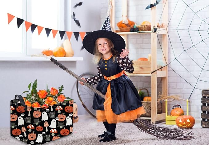 Sanjiaofeng Rectangular Kids Basket Halloween Storage Bins,Cute Storage Basket with Handles.Clothers,Books,Kid's Gifts Bins. (Mushroom Halloween)