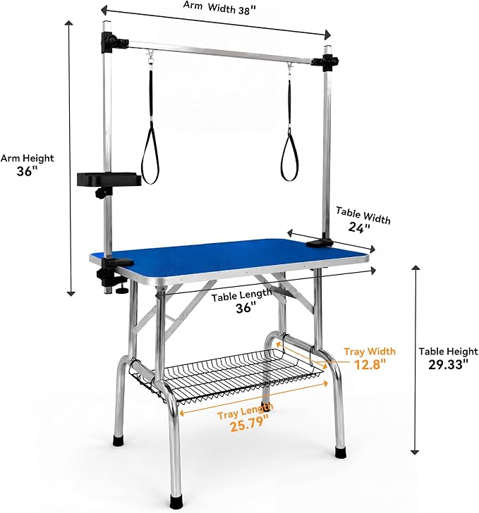 36" Foldable Dog Grooming Table with Adjustable H-Frame Arm & 2 Nooses, Heavy-Duty Stainless Steel Frame, Non-Slip Top, Tool Caddy and Mesh Tray, Blue