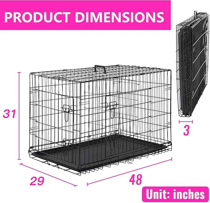 FDW | 48" Foldable Metal Dog Crate | Black | Cage for XL Dogs | Heavy Duty, Portable Wire Kennel with Double Door, Divider & Leak-Proof Tray | For Training, Home, Travel Indoor/Outdoor Use