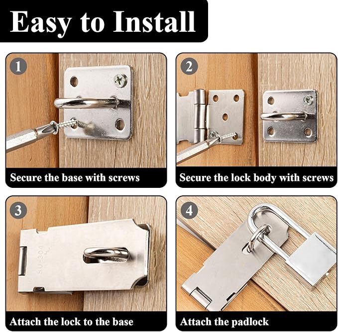 2 Pack 4 Inch Black Door Padlock Hasp, Stainless Steel Shed Gate Lock Latch, Heavy Duty Security Lock with Screws, for Cabinet, Pet Cage, Crate, Fence, Window, External Doors