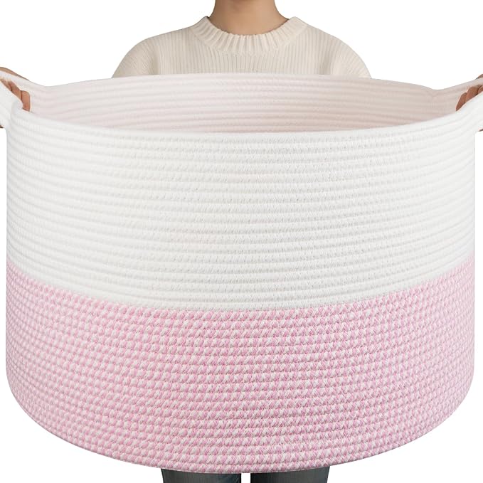 OIAHOMY 90L XXXLarge Blanket Basket for Living Room, 21.7" x 13.8" Woven Cotton Rope Laundry Basket for Organizing Pillows, Decorative Stuffed Animal Toy Storage for Nursery, White and Pink