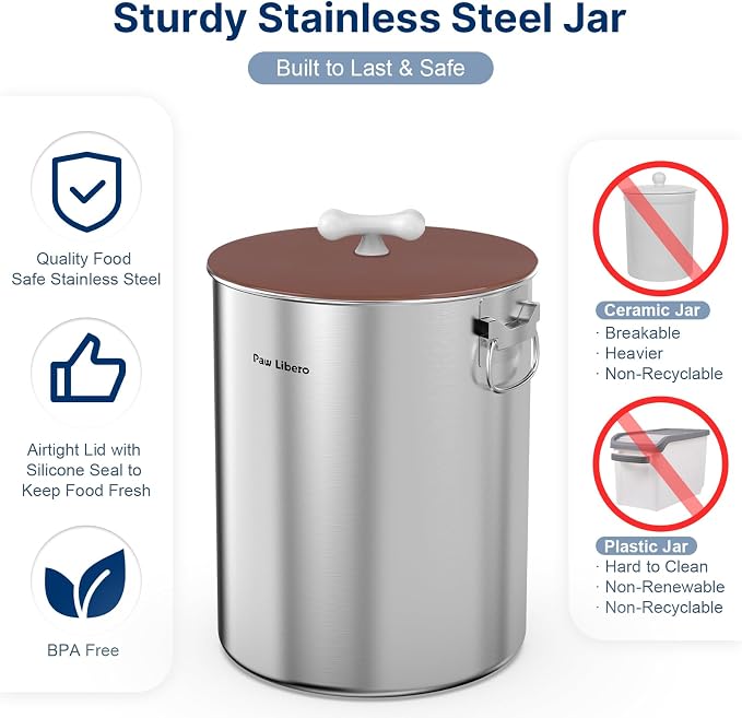 Paw Libero 25 Lbs Stainless Steel Dog Food Storage Container with Airtight Lid & Ceramic Bone Handle, Large Metal Dog Food Bin for Dogs & Cats, Keep Fresh, Easy to Clean