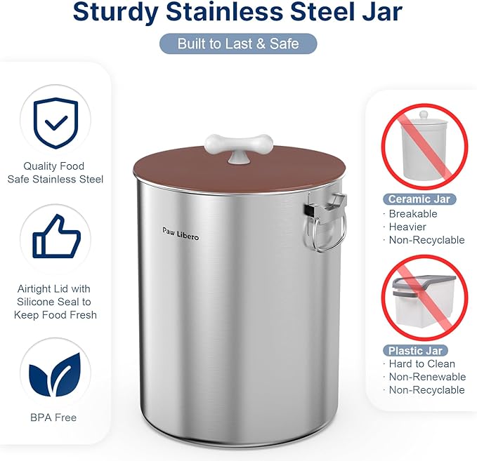 Paw Libero 2PK 25 Lbs Stainless Steel Dog Food Storage Container with Airtight Lid & Ceramic Bone Handle, Large Metal Dog Food Bin for Dogs & Cats, Keep Fresh, Easy to Clean