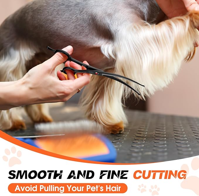 JASON 7" Dog Grooming Shear - Professional Up-curved Scissor with Round Tips Japanese Stainless Steel Hair Scissor for Dogs, Cats and Other Pets (Curved with Round Tips, Black) Christmas Gift
