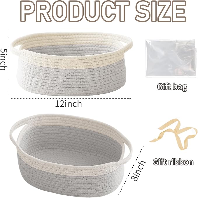 JMvicyroam Small Woven Basket, Empty Gift Basket, White&Grey/2 Pack | Small Gift Basket, Cotton Rope, 12 x 8 x 67 in, Handles, Includes Ribbon and Bag, Birthday Gift Basket