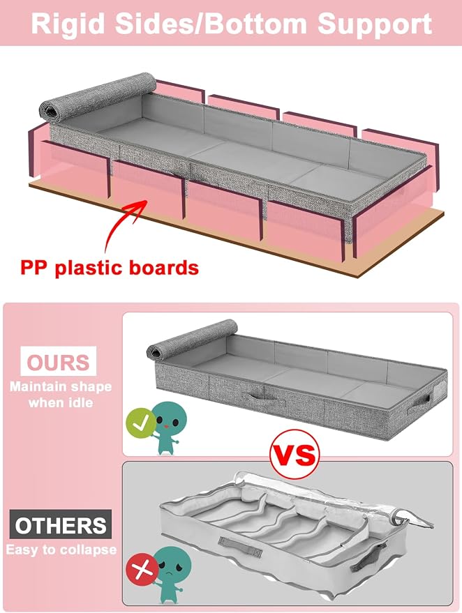 4-In Low Profile Under Bed Storage, Rigid Structure, 2 Pack, Gray | Below 4 Inch Low Space Storage, Rigid Sides & Bottom, Reinforced Handles, Foldable Design, for Couches, Cribs, Dorm Beds