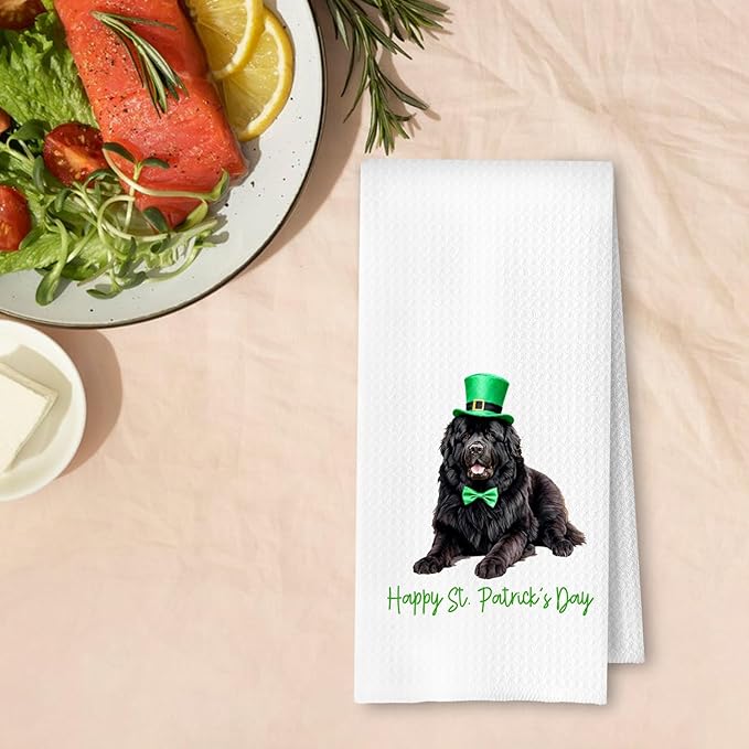 St. Patrick's Day Newfoundland Kitchen Towels, Newfoundland Dog Gifts Dish Tea Towel for Kitchen Decor, Irish Leprechaun Hat Dog Hand Towels for Bathroom Decor, 16x24 Inches