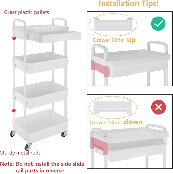 Calmootey 4-Tier Utility Cart with Drawer & Wheels, Storage for Home,Office | Space-Saving Organizer, Sturdy Plastic Shelves, Smooth-Rolling Metal Wheels, Built-in Drawer for Small Items, White