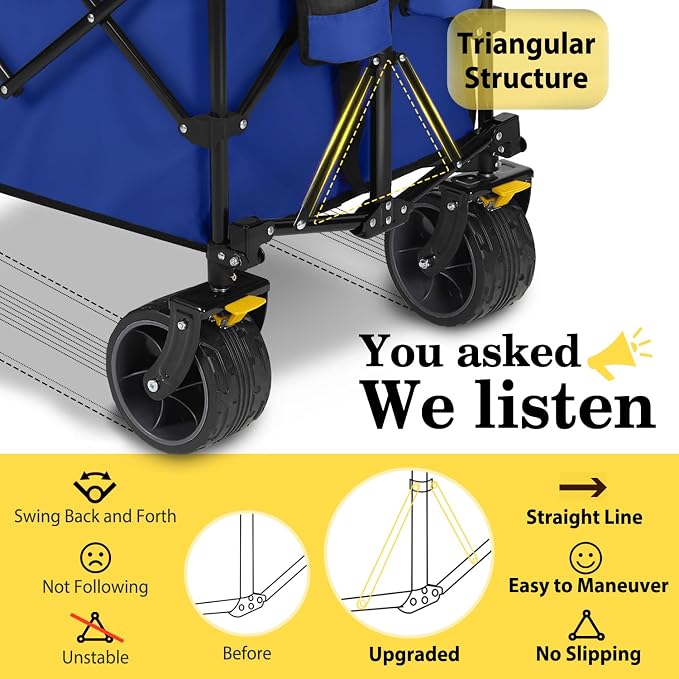 Sekey Extended Collapsible Foldable Wagon with 660lbs Weight Capacity, Heavy Duty Folding Utility Garden Cart with Big All-Terrain Beach Wheels & Drink Holders. Royal Blue