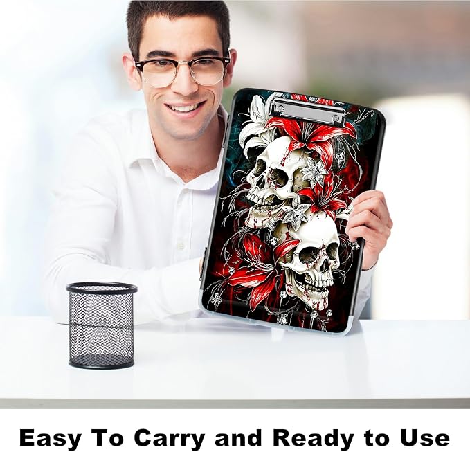 Red Lily Skull A4 Clipboard with Storage Pen Holder, Clipboards Organizer Nursing Clipboard Foldable File Folder Plastic Clipboard Folio Clip Board for Office Students Classroom Doctor